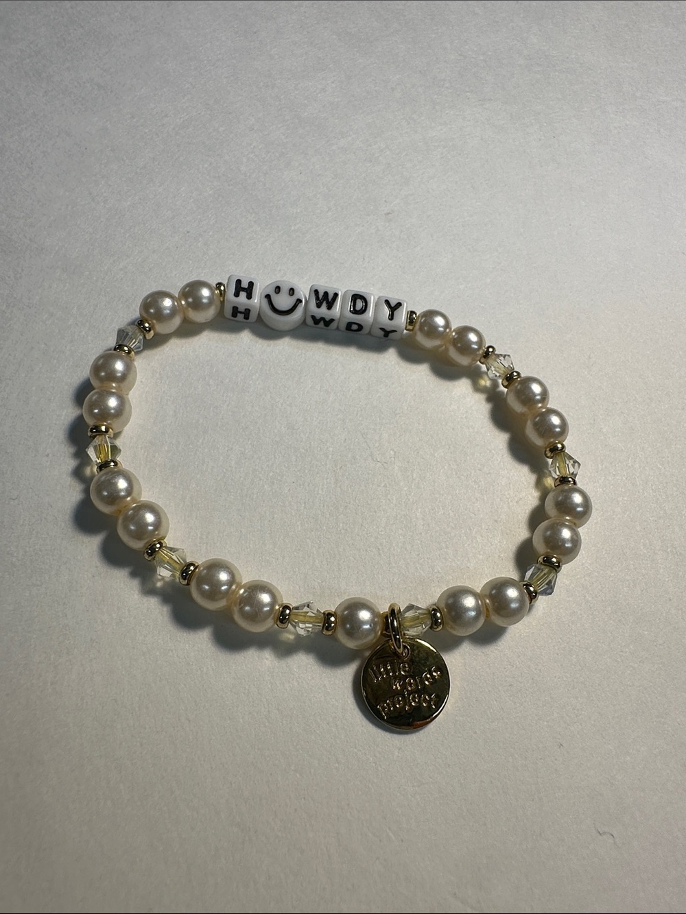 Little Words Project Pearl Beaded HOWDY Stretch Bracelet with Gold Charm Size S